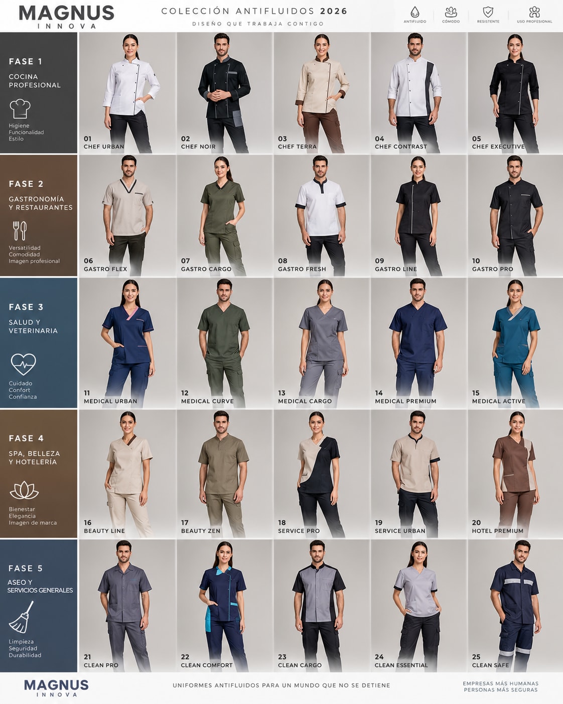 Lámina de la colección antifluidos: veinticinco uniformes repartidos en cinco fases, de cocina profesional a aseo y servicios generales.