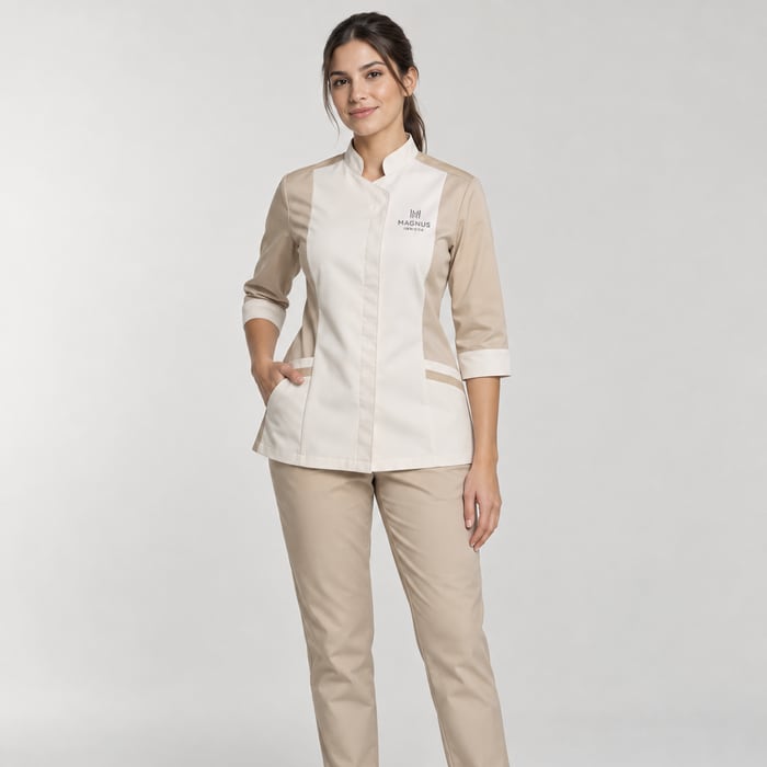 Uniforme antifluido de corte dama, en crema.