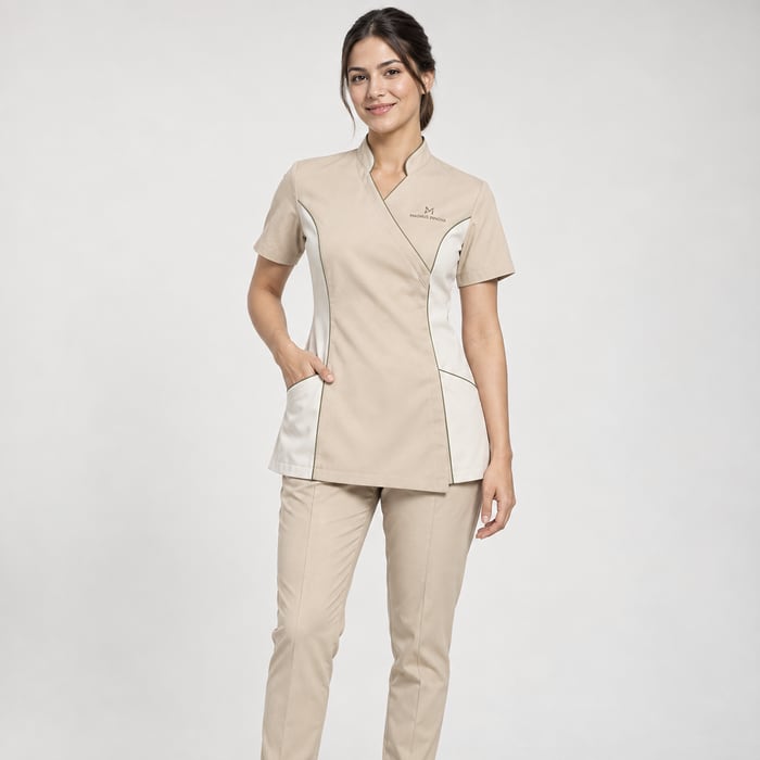 Uniforme antifluido de corte dama, en beige.