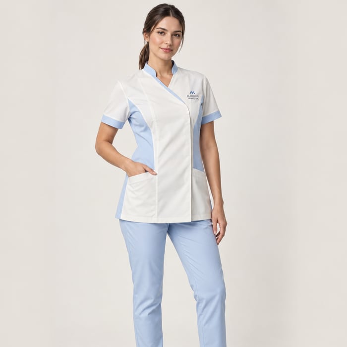Uniforme antifluido de corte dama, en blanco y azul claro.
