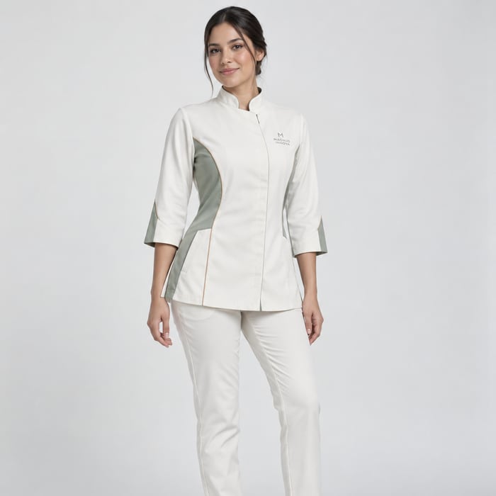 Uniforme antifluido de corte dama, en blanco y verde.