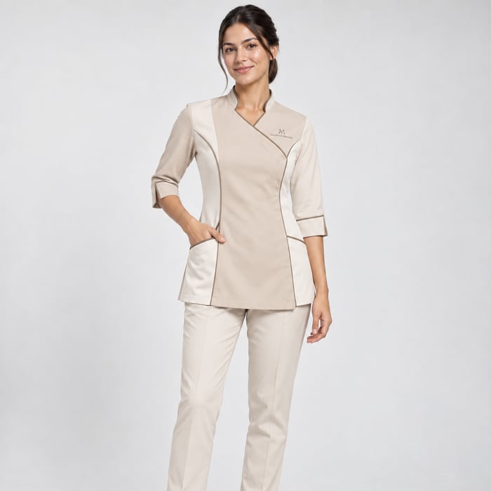 Uniforme antifluido de corte dama, en taupe y crema.
