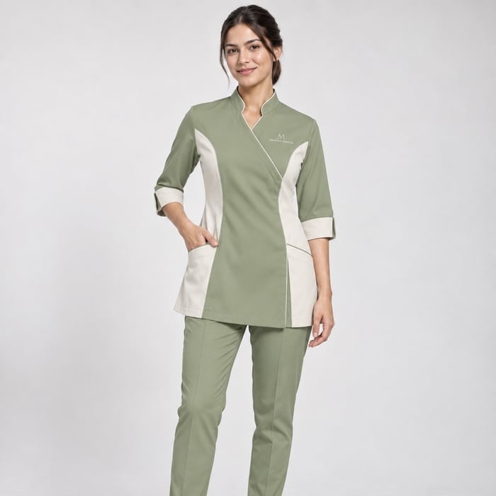Uniforme antifluido de corte dama, en verde salvia.