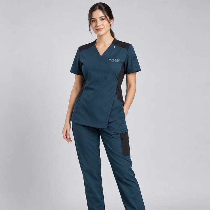 Uniforme antifluido de corte dama, en azul petróleo.