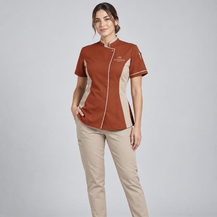 Uniforme antifluido de corte dama, en terracota.