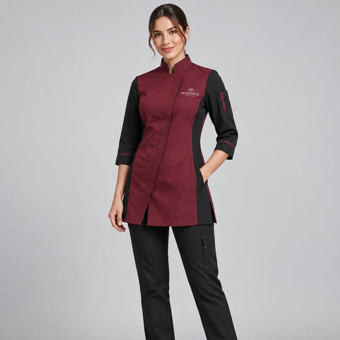 Uniforme antifluido de corte dama, en vino tinto.