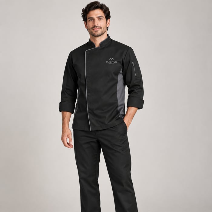 Uniforme antifluido de corte hombre, en negro y gris.