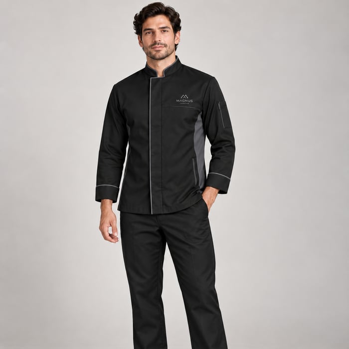 Uniforme antifluido de corte hombre, en negro.