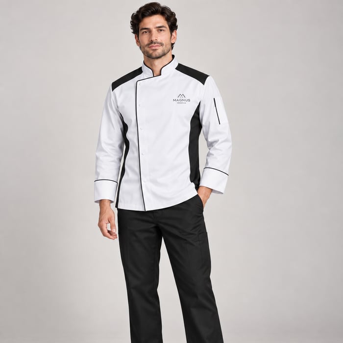 Uniforme antifluido de corte hombre, en blanco y negro.