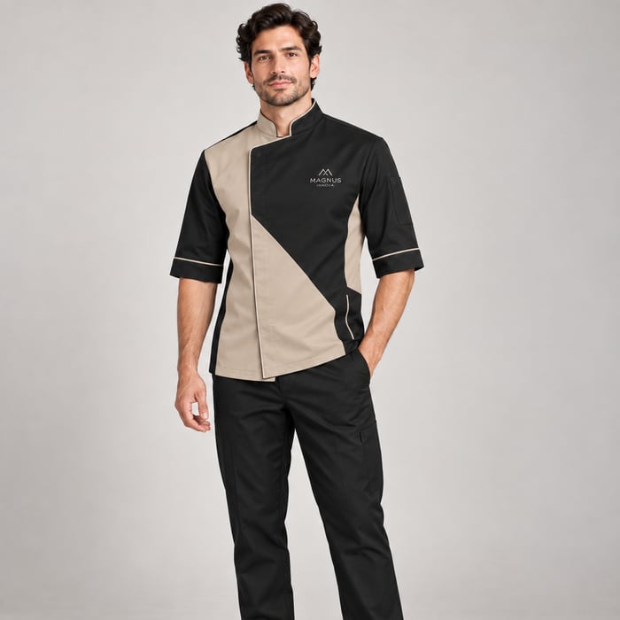 Uniforme antifluido de corte hombre, en negro y beige.