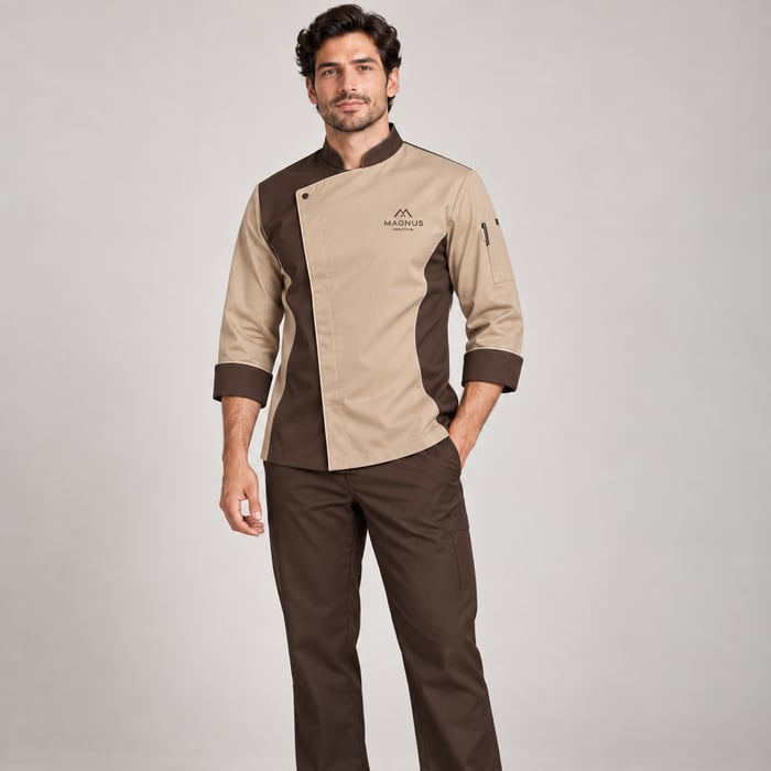 Uniforme antifluido de corte hombre, en beige y café.