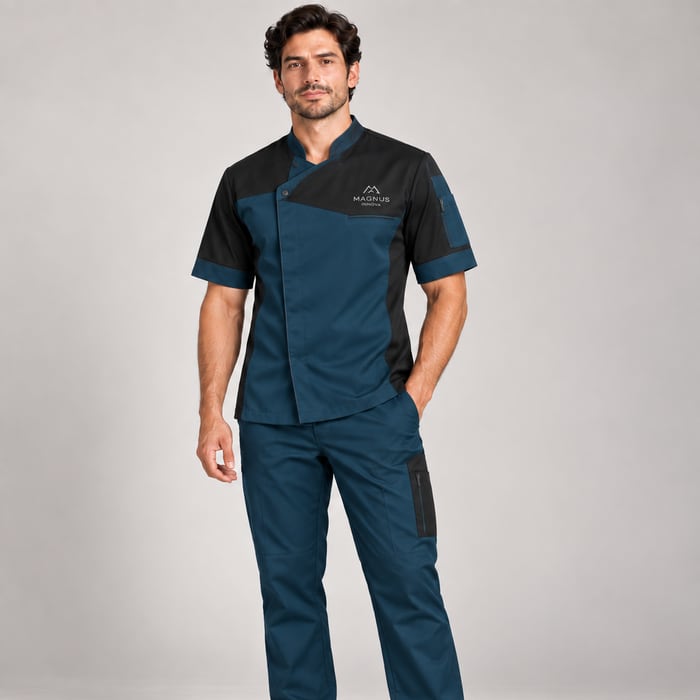 Uniforme antifluido de corte hombre, en azul petróleo.