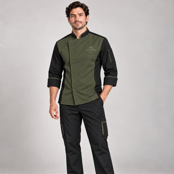Uniforme antifluido de corte hombre, en verde oliva.