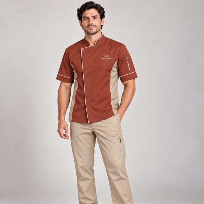 Uniforme antifluido de corte hombre, en terracota.
