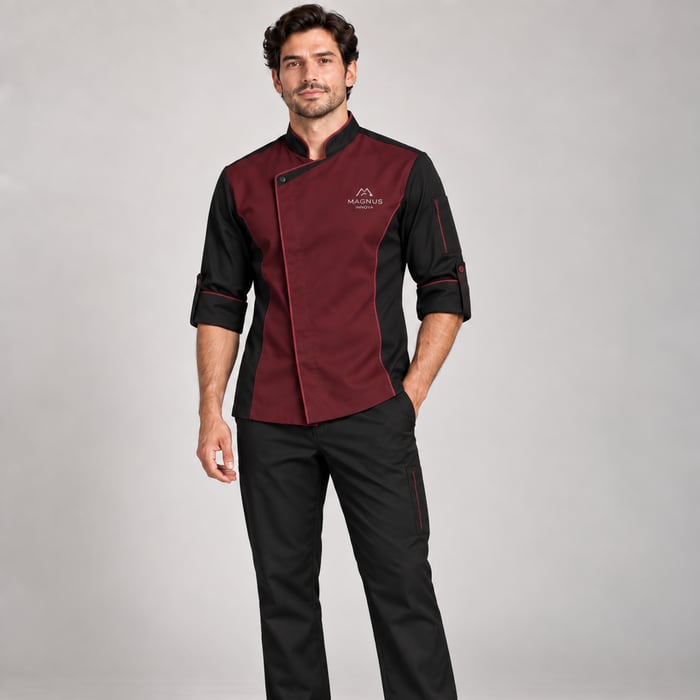 Uniforme antifluido de corte hombre, en vino tinto.
