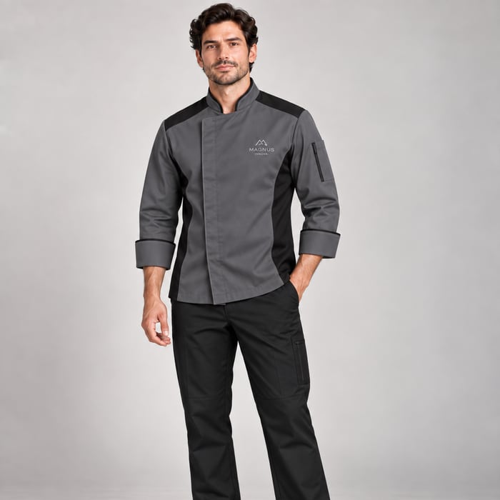 Uniforme antifluido de corte hombre, en gris.