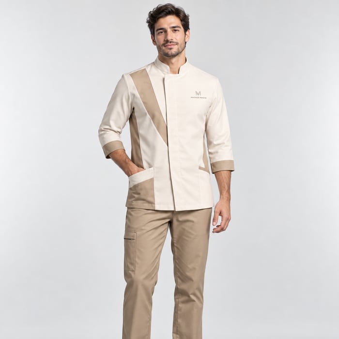 Uniforme antifluido de corte hombre, en crema y beige.