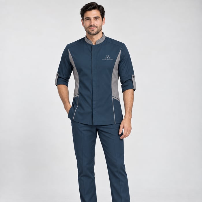 Uniforme antifluido de corte hombre, en azul oscuro.
