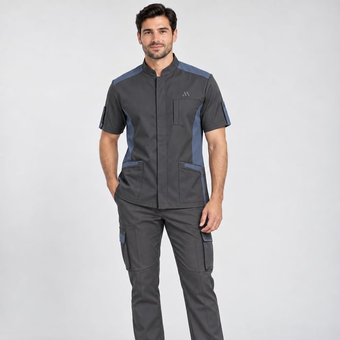 Uniforme antifluido de corte hombre, en gris y azul.