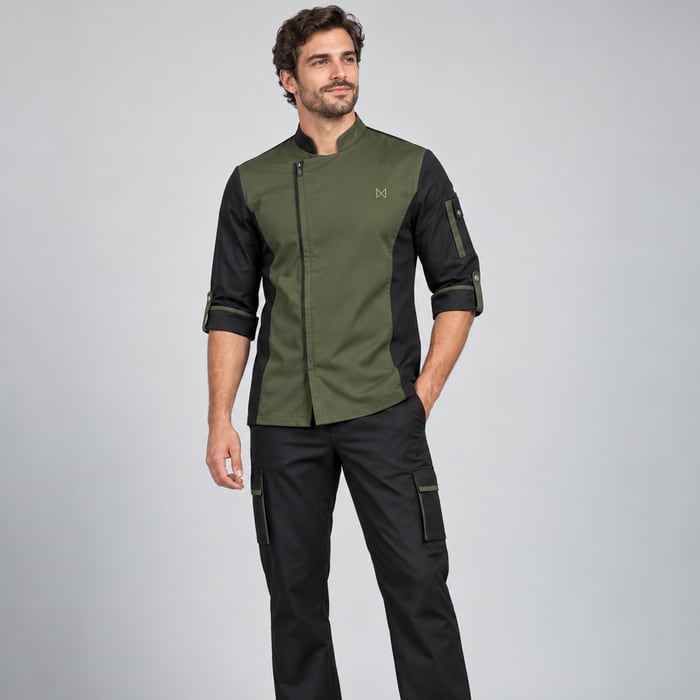 Uniforme antifluido de corte hombre, en verde oliva con negro.