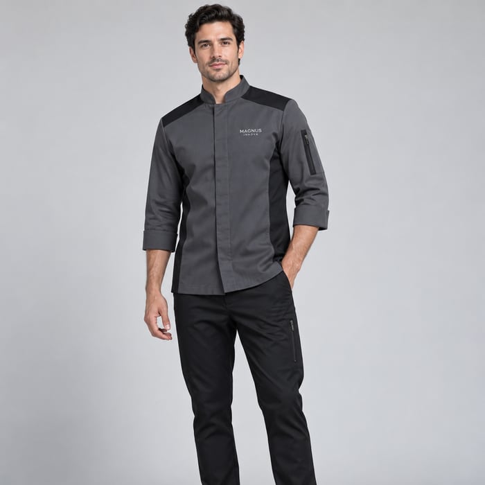 Uniforme antifluido de corte hombre, en gris con negro.