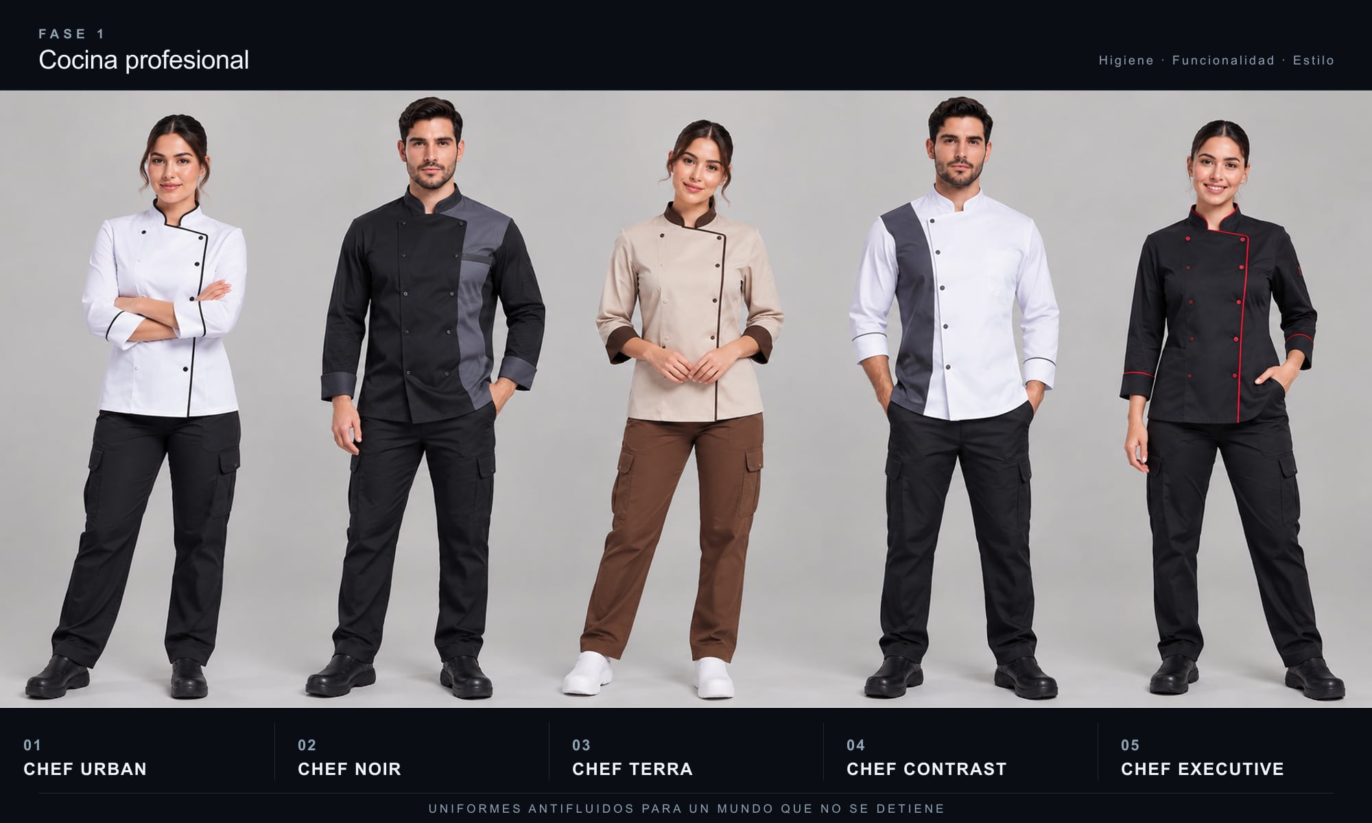 Los cinco uniformes de la fase 1, cocina profesional: CHEF URBAN, CHEF NOIR, CHEF TERRA, CHEF CONTRAST, CHEF EXECUTIVE.