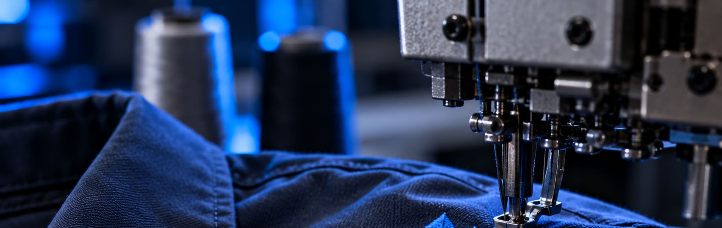 Máquina bordando un emblema azul sobre tela de dril en el taller de Magnus Innova.