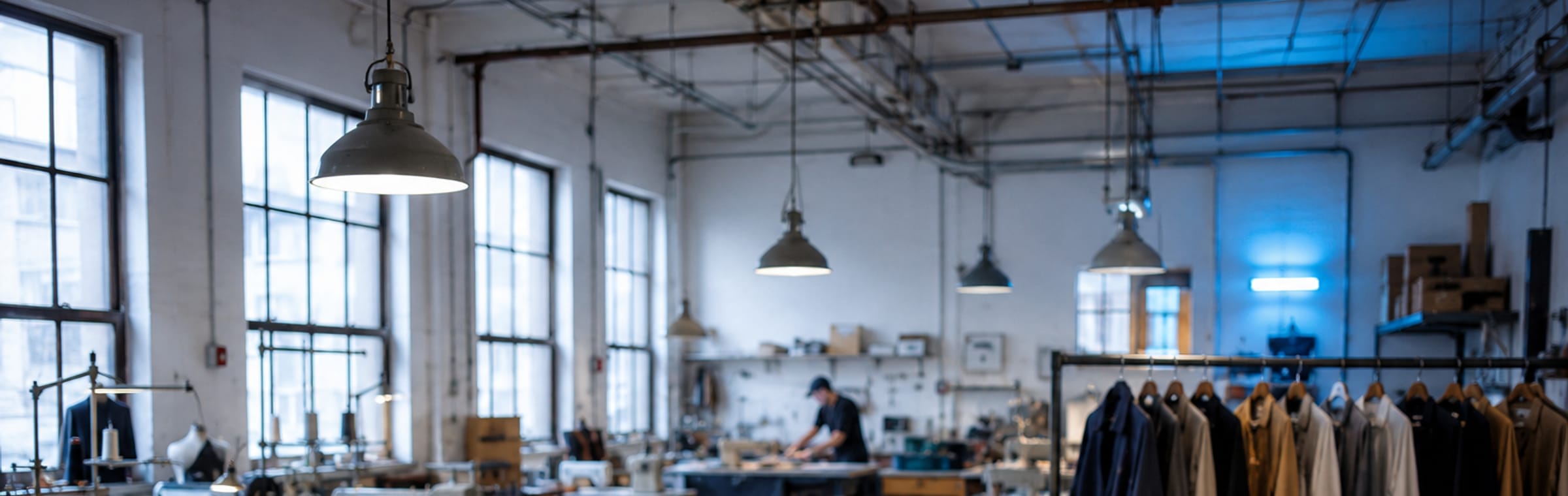 Interior del taller de Magnus Innova: mesas de corte, máquinas industriales y prendas terminadas.