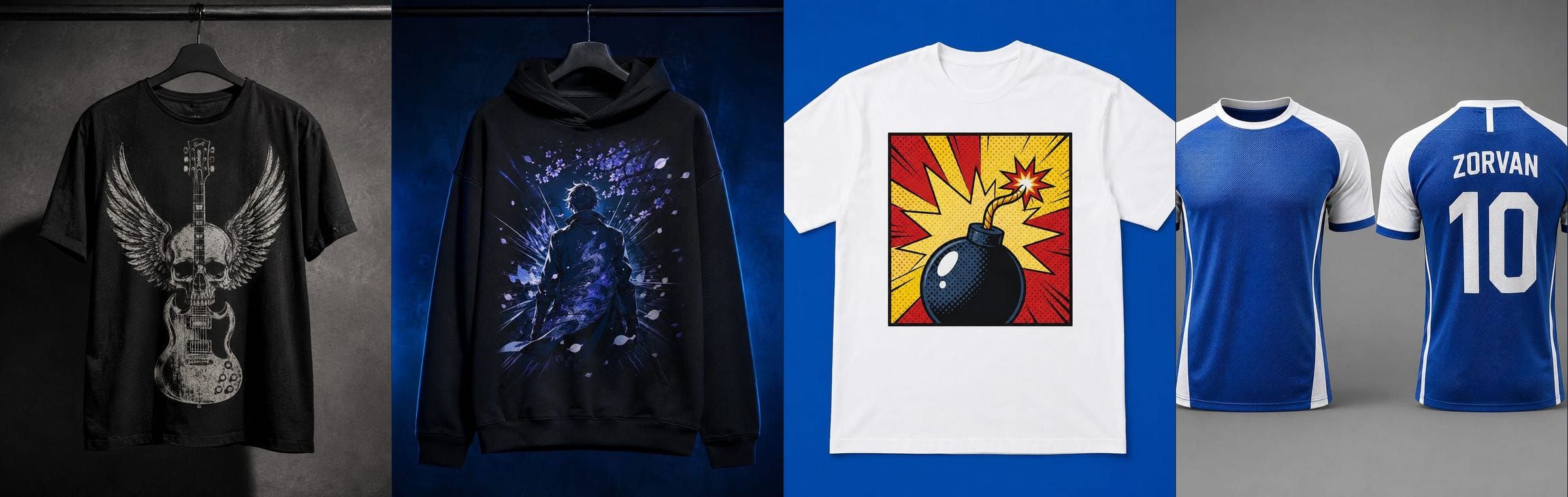 Cuatro prendas estampadas por Magnus Innova: rock, anime, comics y deportiva.