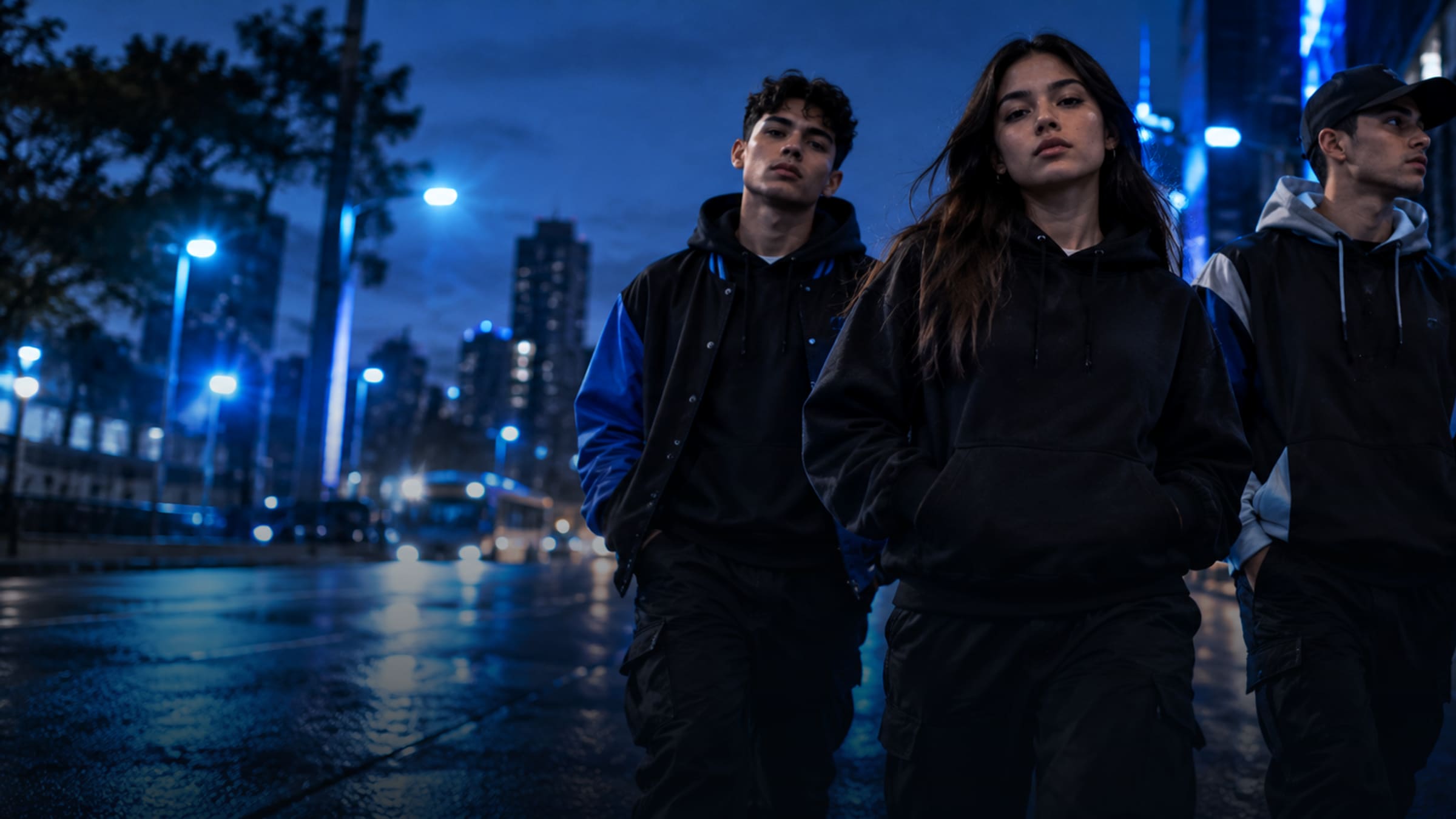 Tres jóvenes con hoodies y chaquetas de Magnus Innova caminando de noche por una calle de Bogotá.