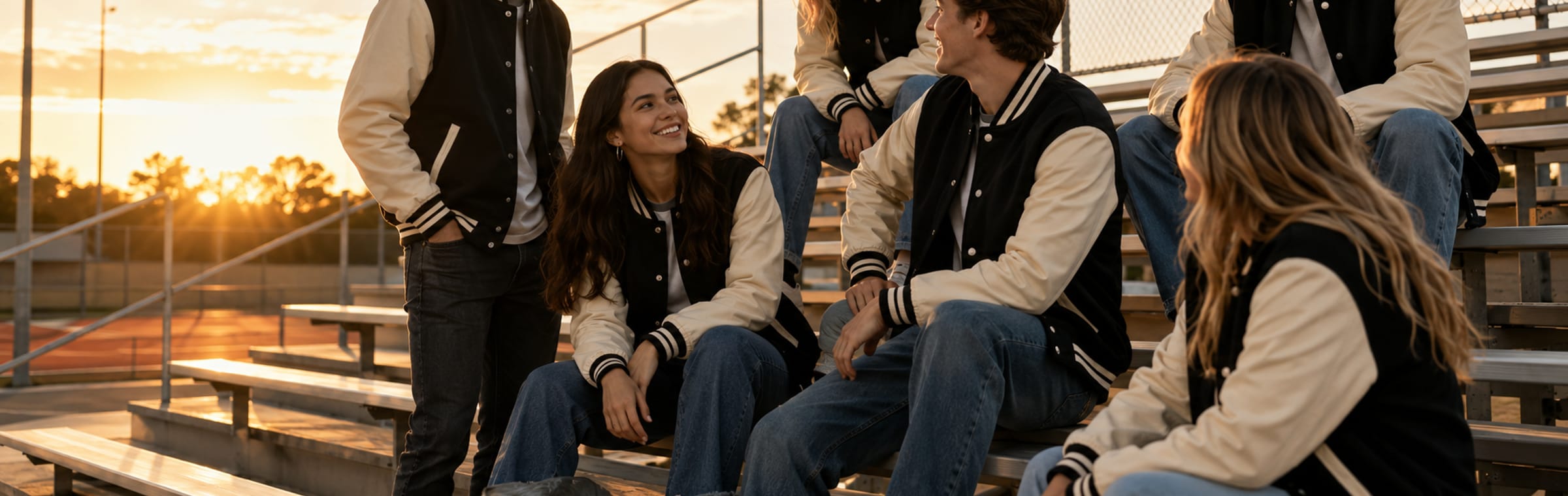 Estudiantes de último año con sus chaquetas de promoción en las gradas del colegio.
