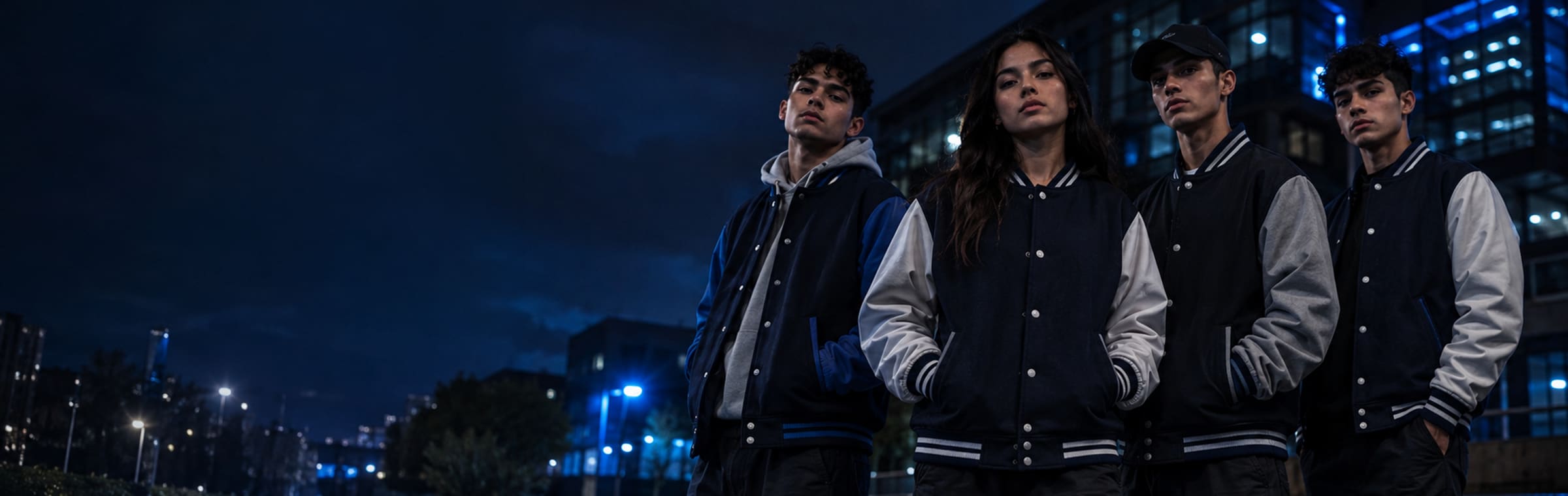 Cuatro jóvenes con chaquetas de promoción de Magnus Innova, de noche en la ciudad.